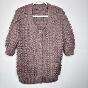 Artisan Handknit Cardigan Size L/XL Chunky Cable Knit Bubble Womens Half Sleeve